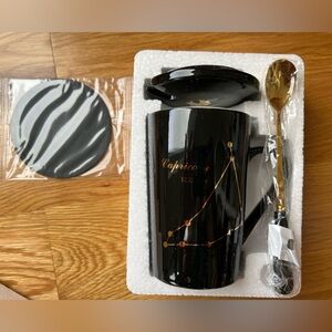 Capricorn Celestial Mug with two-toned Spoon, stamped Lid, and rubber coaster